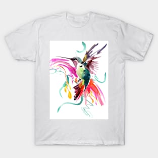 Flying Hummingbird and Abstract Flowers, Turquoise, pink watercolor bird artwork T-Shirt